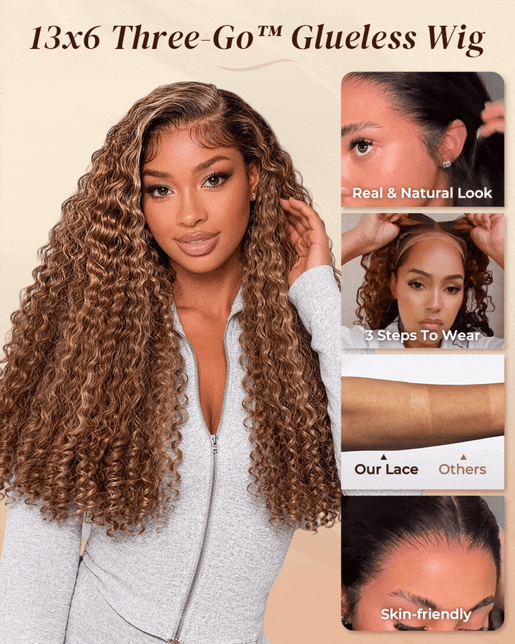 Arabella 13x6 Three-Go™ Ombre Highlight Honey Blonde Glueless Wig Jerry Curly with Burmese Curly With Drawstring 100% Human Hair Wig