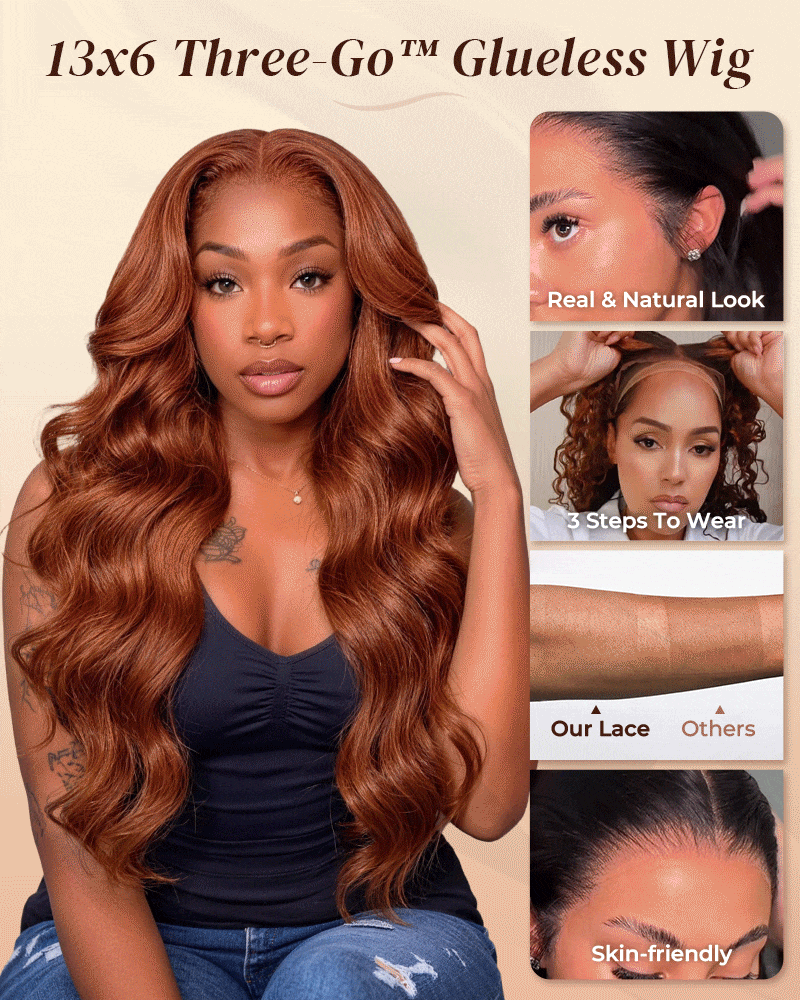 Arabella 13x6 Three-Go™ Dark Copper Ginger Glueless Wig Loose Body Wave With Drawstring 100% Human Hair Wig
