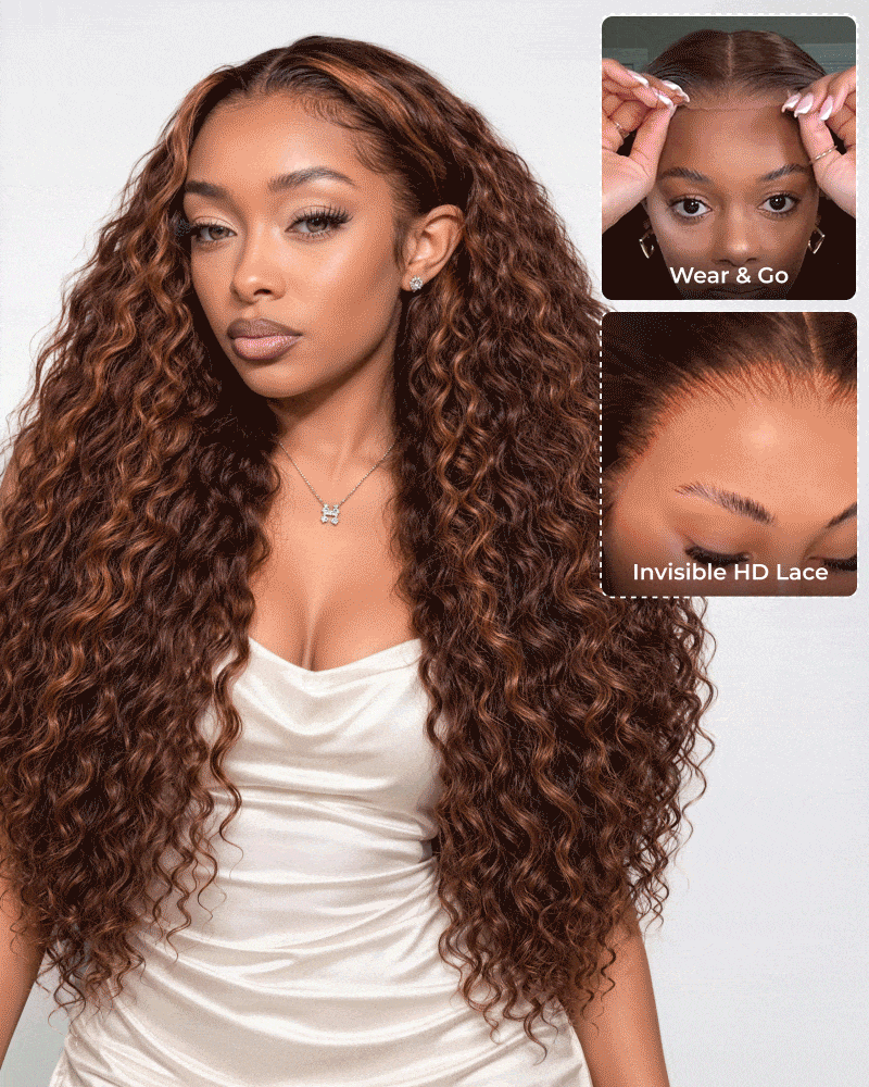 Arabella Zerowear™ 13x6 Invisible HD Lace Glueless Wig Water Wave With Drawstring Dark Brown Highlights 100% Human Hair Wig