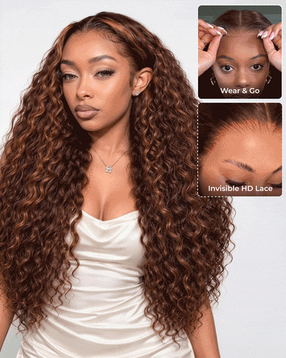 Arabella Zerowear™ 13x6 Invisible HD Lace Glueless Wig Water Wave With Drawstring Dark Brown Highlights 100% Human Hair Wig