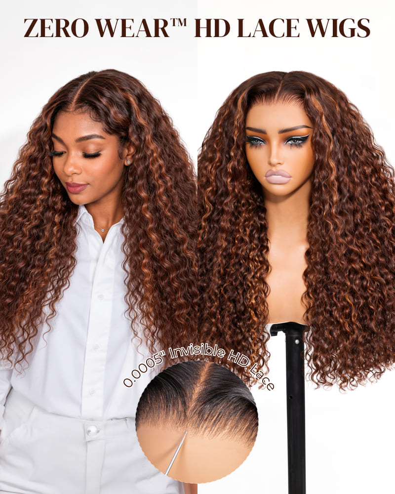 Arabella Zerowear™ 13x6 Invisible HD Lace Glueless Wig Water Wave With Drawstring Dark Brown Highlights 100% Human Hair Wig