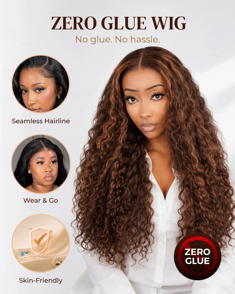 Arabella Zerowear™ 13x6 Invisible HD Lace Glueless Wig Water Wave With Drawstring Dark Brown Highlights 100% Human Hair Wig