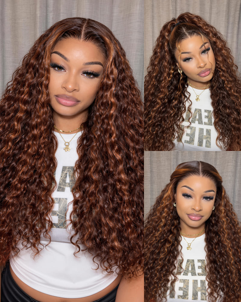 Arabella Zerowear™ 13x6 Invisible HD Lace Glueless Wig Water Wave With Drawstring Dark Brown Highlights 100% Human Hair Wig