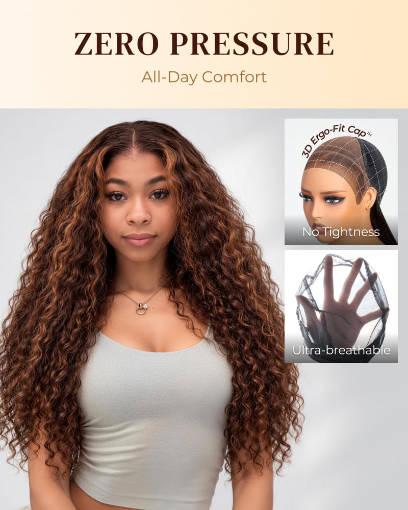 Arabella Zerowear™ 13x6 Invisible HD Lace Glueless Wig Water Wave With Drawstring Dark Brown Highlights 100% Human Hair Wig