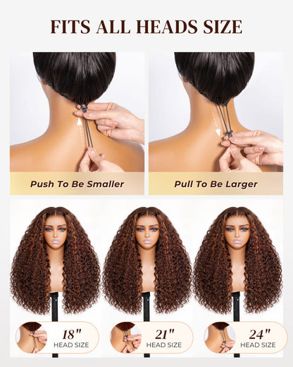 Arabella Zerowear™ 13x6 Invisible HD Lace Glueless Wig Water Wave With Drawstring Dark Brown Highlights 100% Human Hair Wig