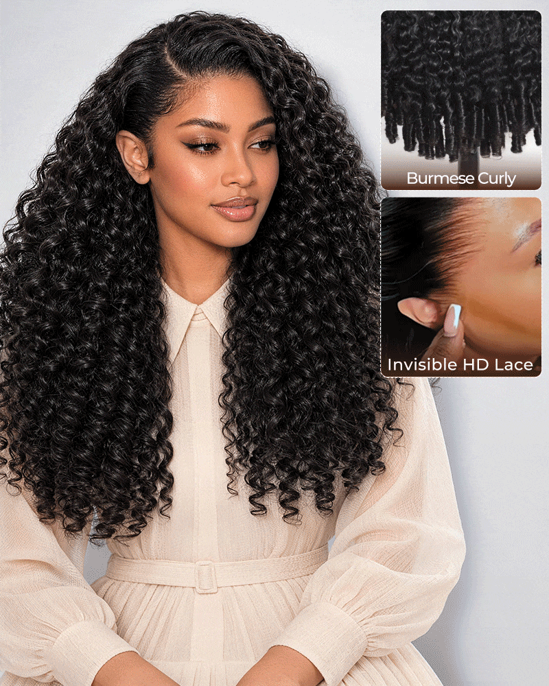 Arabella 13x6 Zerowear™ Invisible HD Lace Glueless Wig 300% High Density Super Double Drawn Jerry Curly with Burmese Curly Natural Black 100% Human Hair