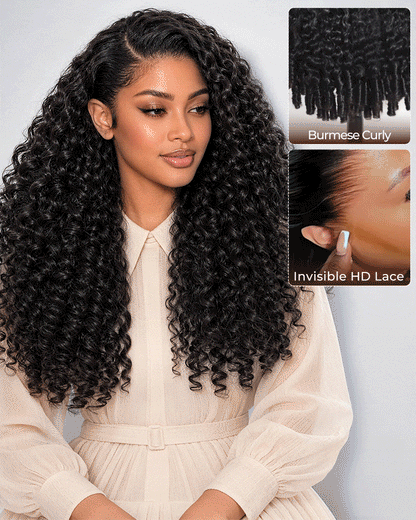 Arabella 13x6 Zerowear™ Invisible HD Lace Glueless Wig 300% High Density Super Double Drawn Jerry Curly with Burmese Curly Natural Black 100% Human Hair