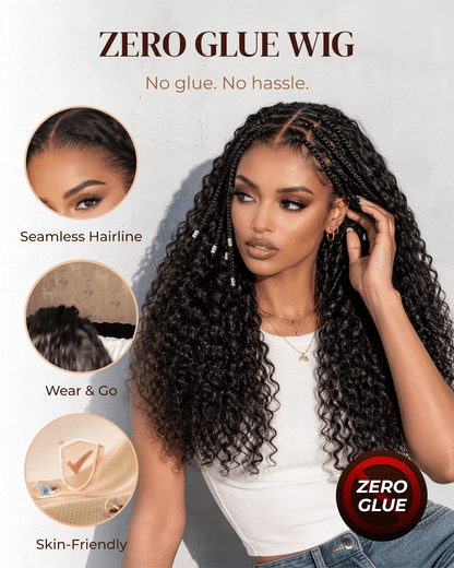 Arabella Zerowear™ Invisible HD Lace 250% High Density Knotless Box Braids 13x6 Lace Frontal Boho Deep Curly Wig Glueless Wig With Drawstring Natural Black 100% Human Hair Wig