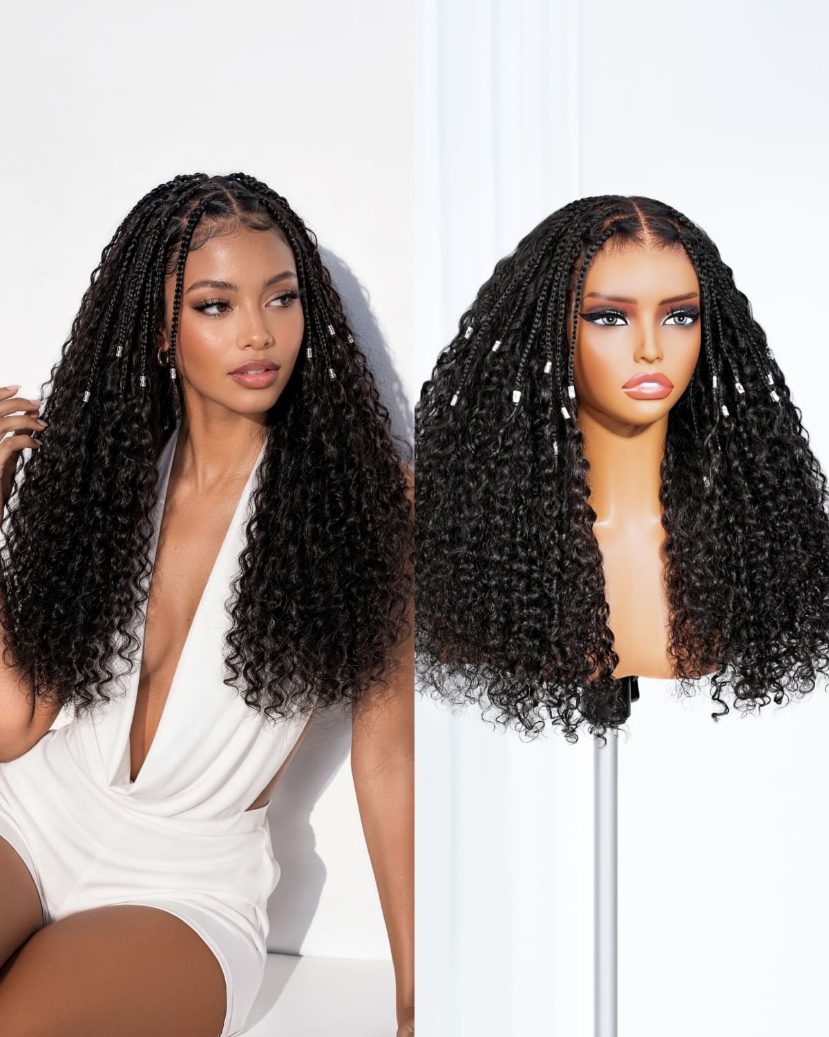 Arabella Zerowear™ Invisible HD Lace 250% High Density Knotless Box Braids 13x6 Lace Frontal Boho Deep Curly Wig Glueless Wig With Drawstring Natural Black 100% Human Hair Wig