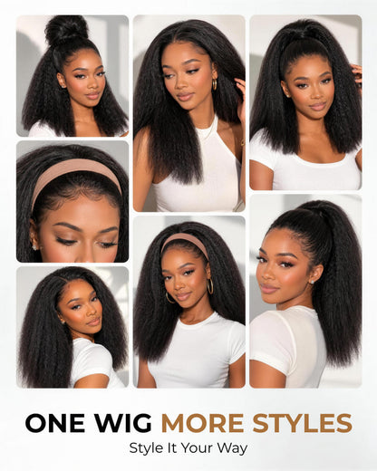 Arabella 3 In 1 Half Wig 250% Density Yaki Straight Bob Wig Invisible Drawstring Natural Black Endless Styles No Glue No Lace Install