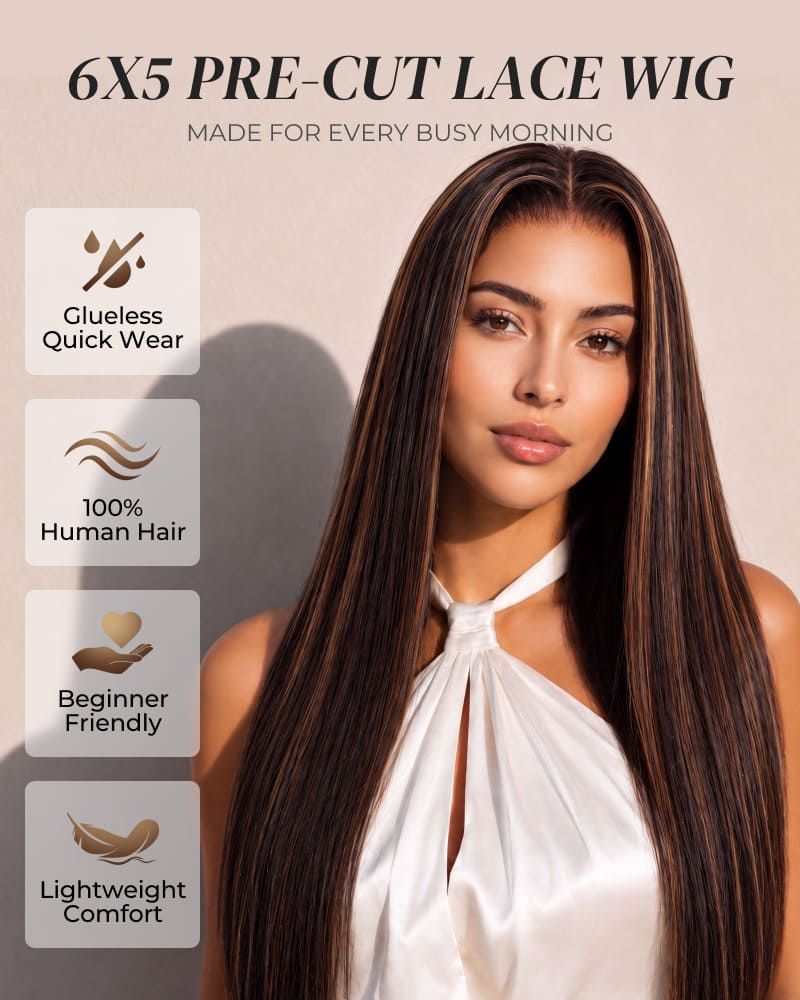 【BOGO】Arabella 6x5 invisible knots Glueless Auburn Highlights on Black Hair Body Wave Wig Invisible Knots Realistic Hairline