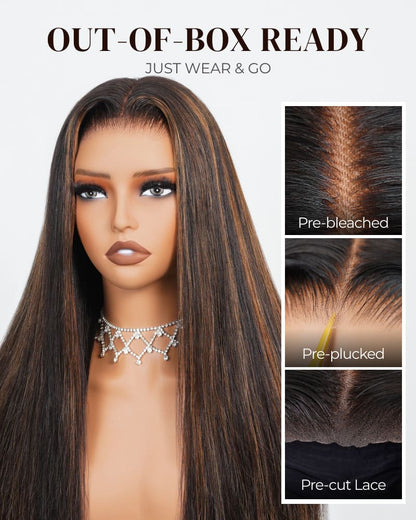 【BOGO】Arabella 6x5 invisible knots Glueless Auburn Highlights on Black Hair Body Wave Wig Invisible Knots Realistic Hairline