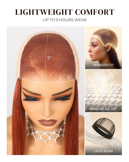 Arabella 6x5 Invisible Knots Glueless Ginger Brown Straight Bob Wig Pre-cut Lace Beginner Friendly