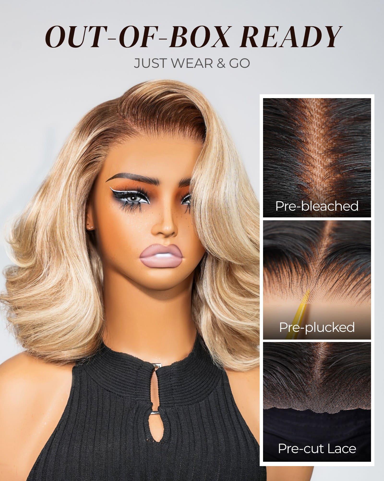 Arabella 6x5 invisible knots Glueless Loose Body Wave Bob Wig Pre-cut Lace Brown Blonde Ombre Beginner Friendly