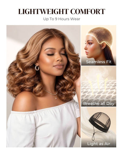 Arabella 6x5 Lace Glueless Honey Blonde Highlights On Brown Wig Bouncy Curly Wig Beginner Friendly