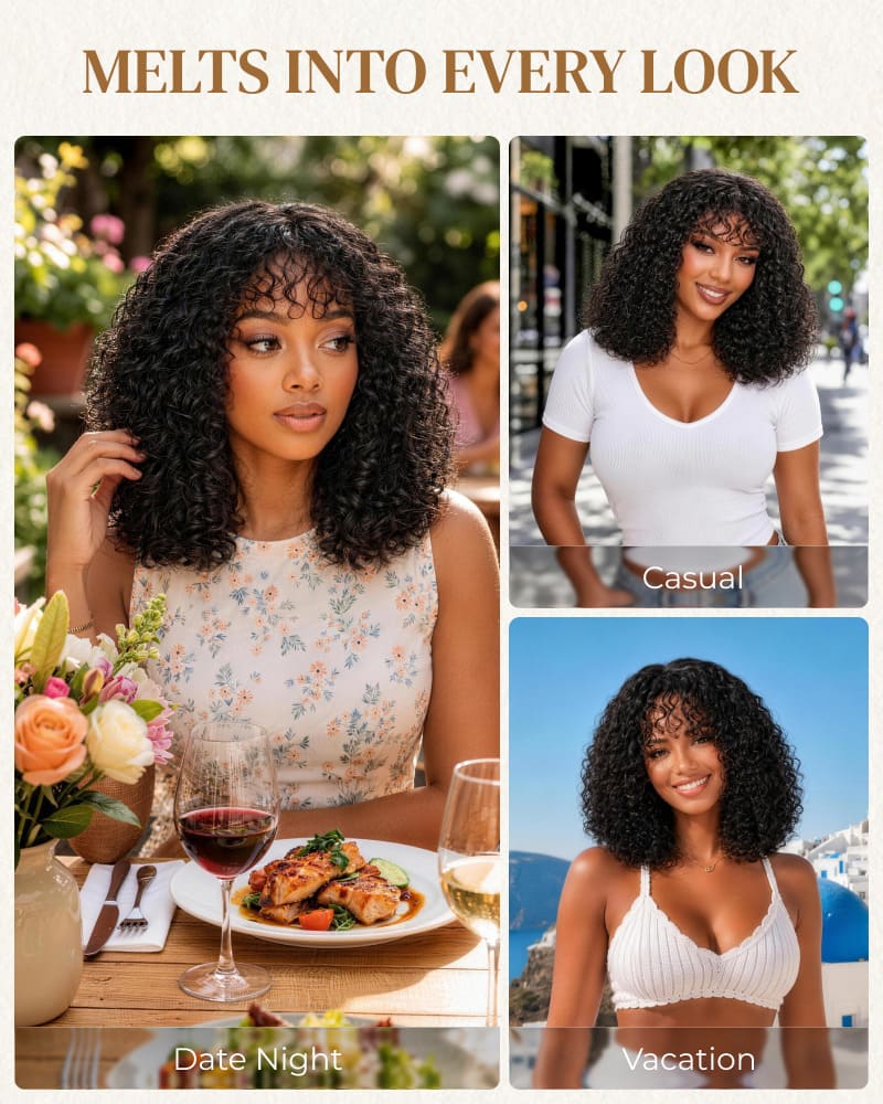 Arabella 6x6 Lace T Part Deep Curly Bob Wig with Bangs Natural Black Glueless Wig Invisible Knots