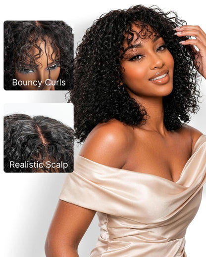Arabella 6x6 Lace T Part Deep Curly Bob Wig with Bangs Natural Black Glueless Wig Invisible Knots