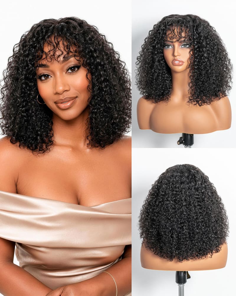 Arabella 6x6 Lace T Part Deep Curly Bob Wig with Bangs Natural Black Glueless Wig Invisible Knots