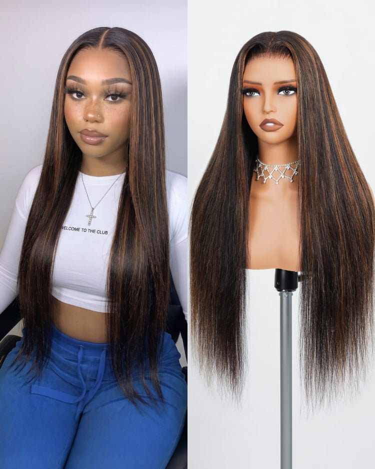 Arabella 6x5 invisible knots Glueless Auburn Highlights on Black Hair Body Wave Wig Invisible Knots Realistic Hairline