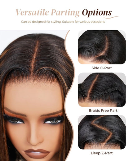 Arabella 6x5 invisible knots Glueless Auburn Highlights on Black Hair Body Wave Wig Invisible Knots Realistic Hairline