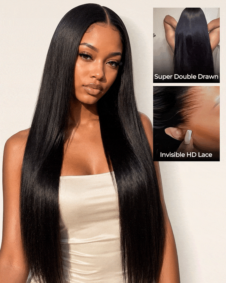 Arabella 13x6 Zerowear™ Invisible HD Lace Glueless Wig 300% High Density Super Double Drawn Full Ends Silky Straight With Drawstring Natural Black 100% Human Hair