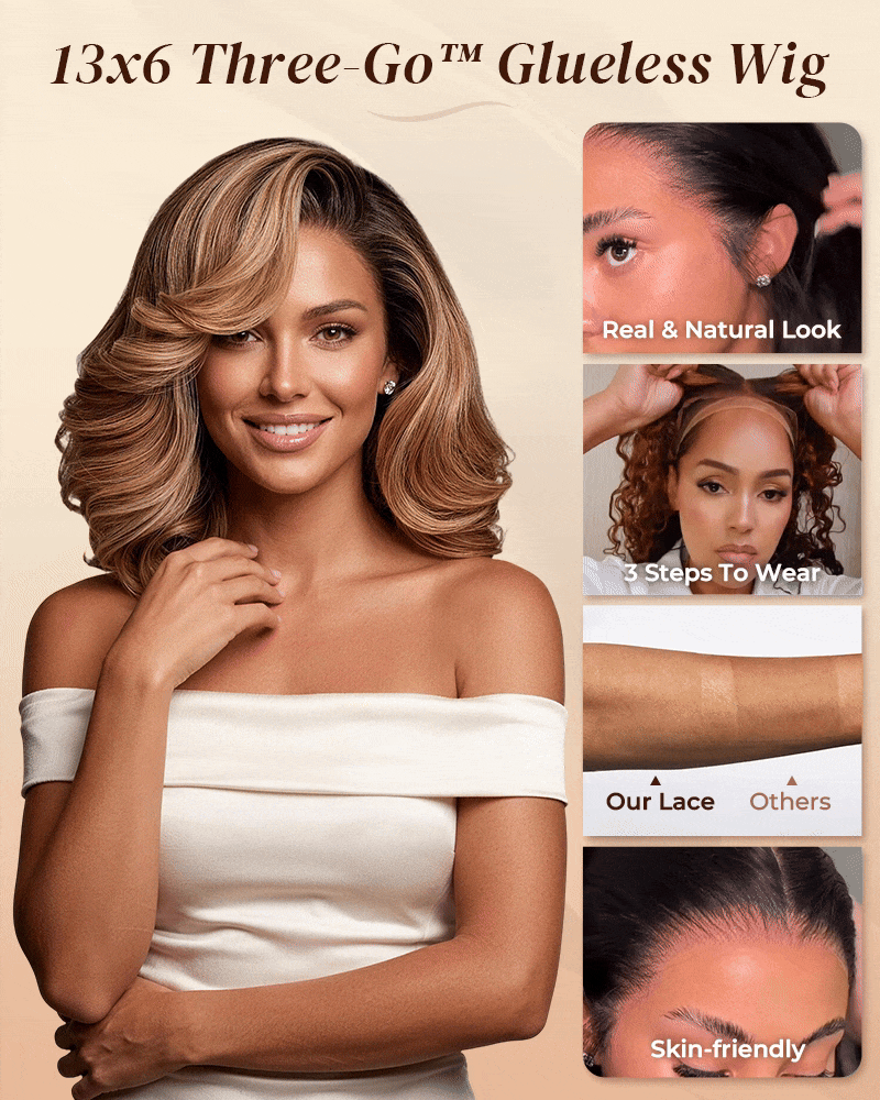 Arabella 13x6 Three-Go™ 250% High Density Ombre Highlight Honey Blonde Glueless Wig Loose Body Wave Bob Wig With Drawstring