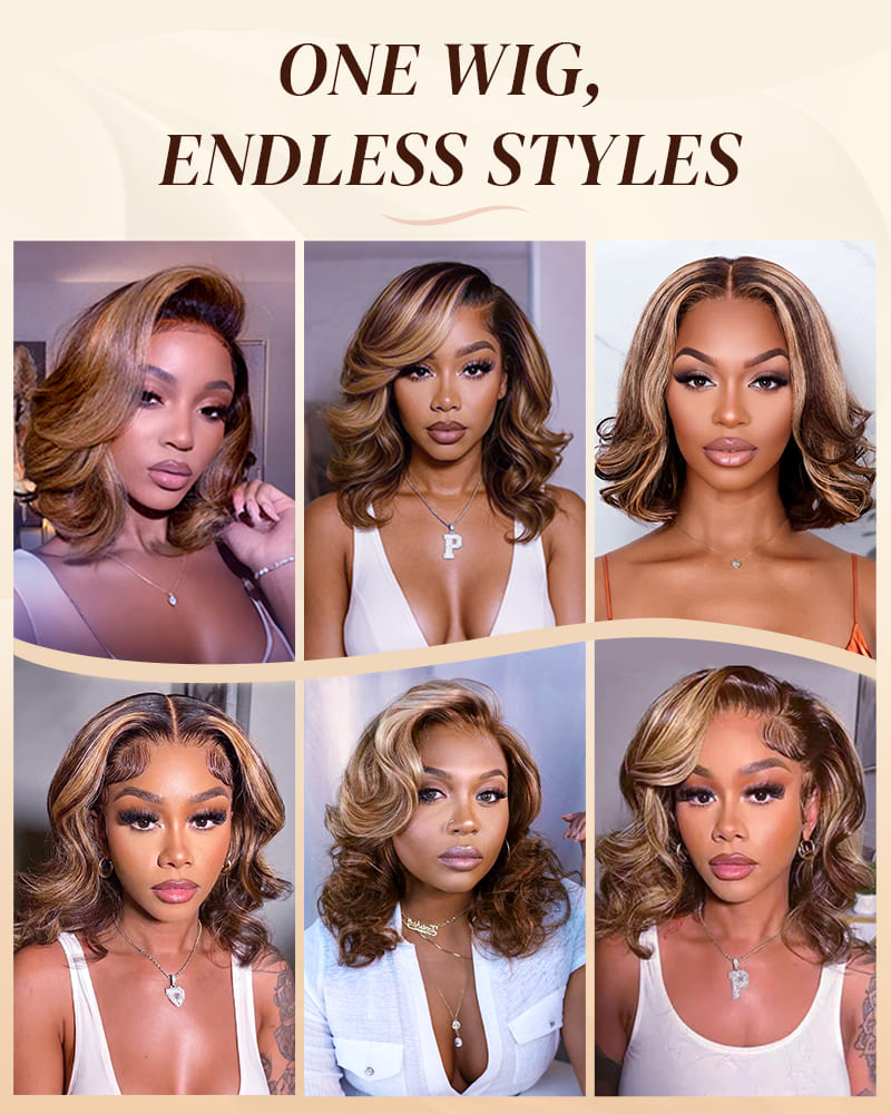 Arabella 13x6 Three-Go™ 250% High Density Ombre Highlight Honey Blonde Glueless Wig Loose Body Wave Bob Wig With Drawstring