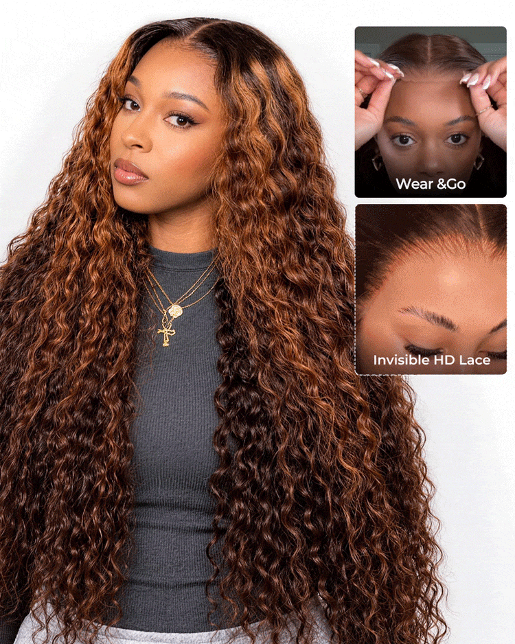Arabella Zerowear™ 13x6 Invisible HD Lace Glueless Wig Water Wave With Drawstring Dark Brown Highlights 100% Human Hair Wig
