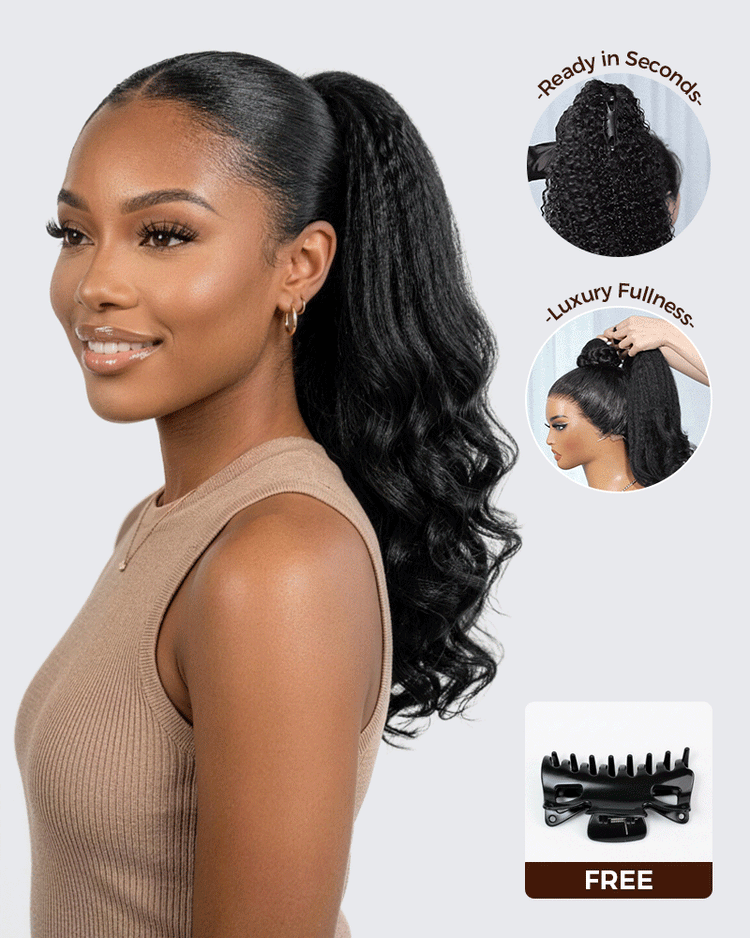 Arabella Yaki Straight Ponytail with Burmese Curly Natural Black Hair Extensions Instant Volume 100% Human Hair