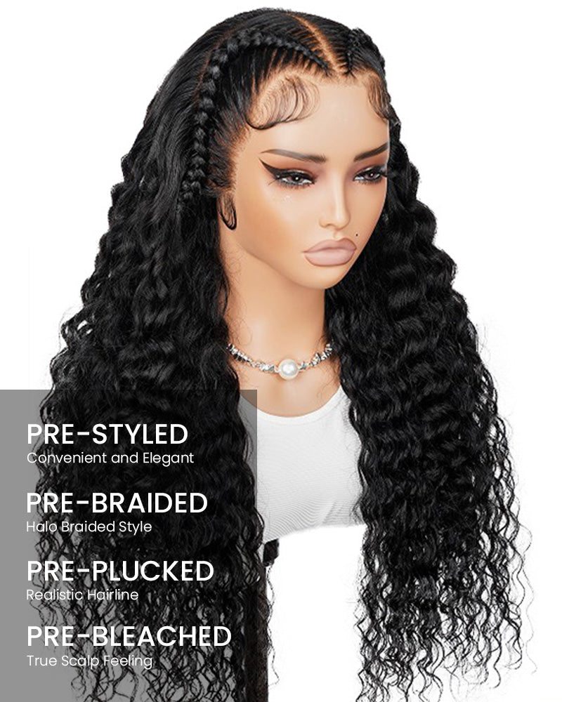 Halo Braided Water Wave 13x4 Lace Front Pre-Plucked Pre-Braid Style Natural Black Human Hair Wig