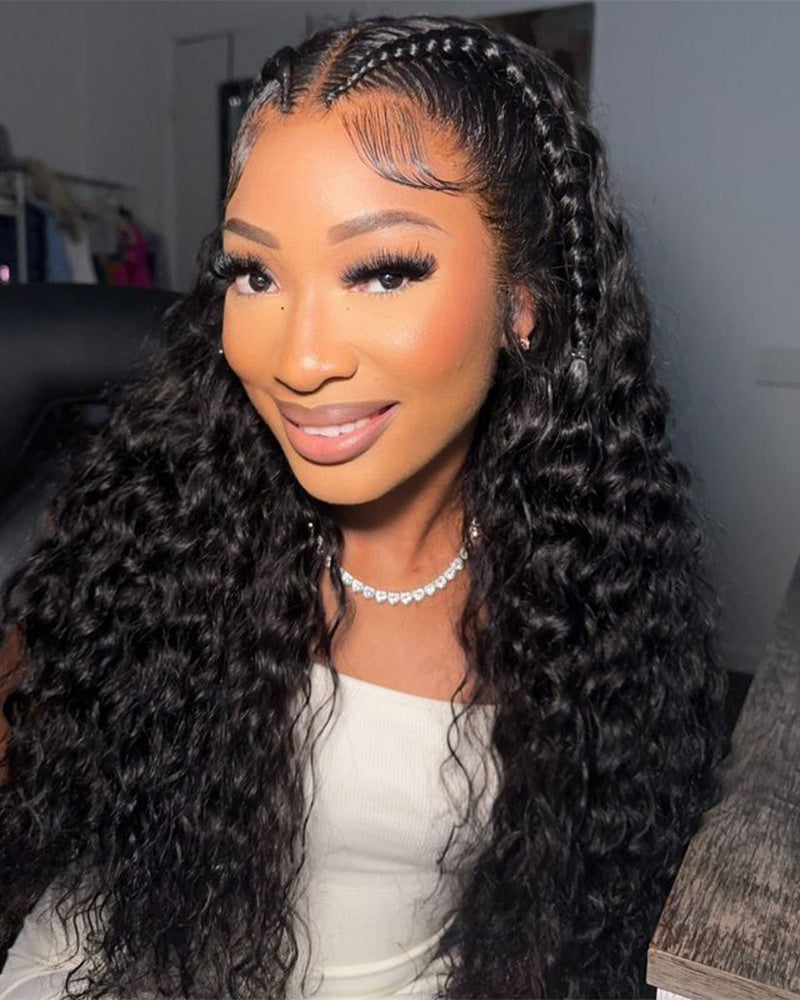 Halo Braided Water Wave 13x4 Lace Front Pre-Plucked Pre-Braid Style Natural Black Human Hair Wig