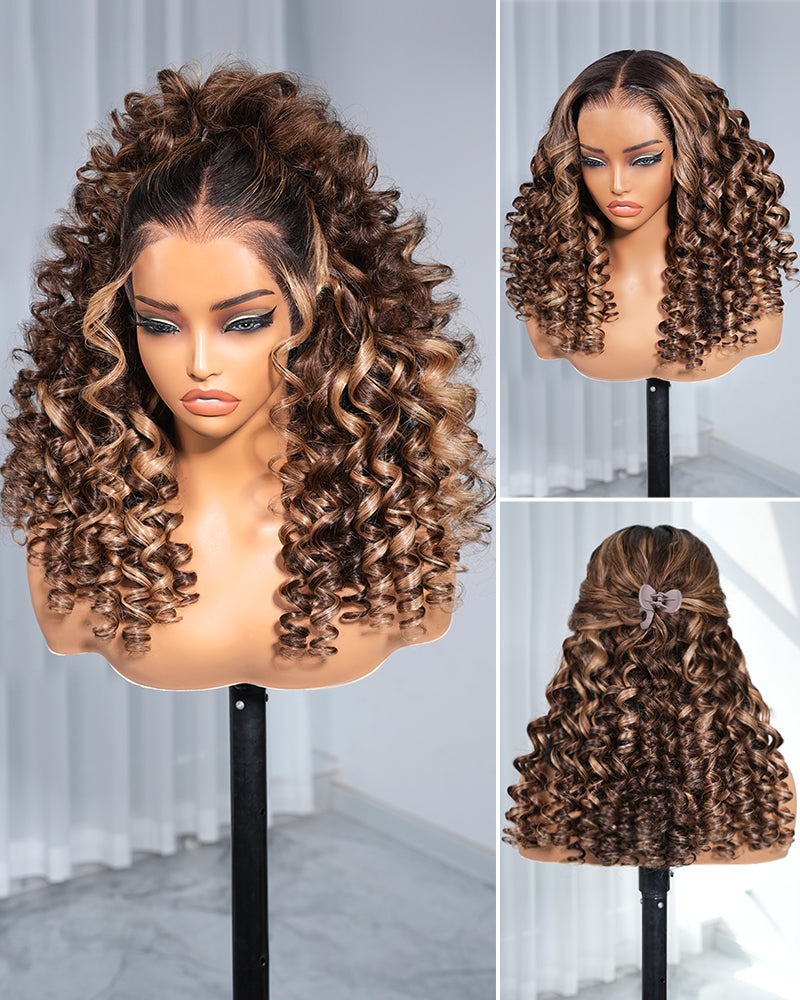 【$299 = 2 WIGS】Arabella 13x6 Three-Go™ Ombre Highlight Honey Blonde Glueless Wig Wand Curl With Drawstring 100% Human Hair Wig