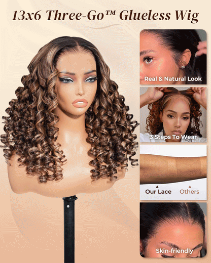 【$299 = 2 WIGS】Arabella 13x6 Three-Go™ Ombre Highlight Honey Blonde Glueless Wig Wand Curl With Drawstring 100% Human Hair Wig