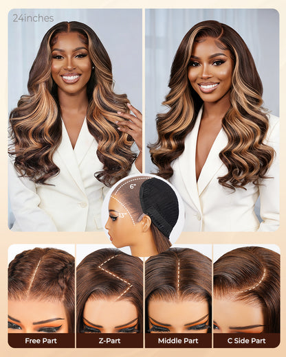 Arabella 13x6 Three-Go™ Chocolate Brown Skunk Stripe Glueless Wig Body Wave With Drawstring 100% Human Hair Wig