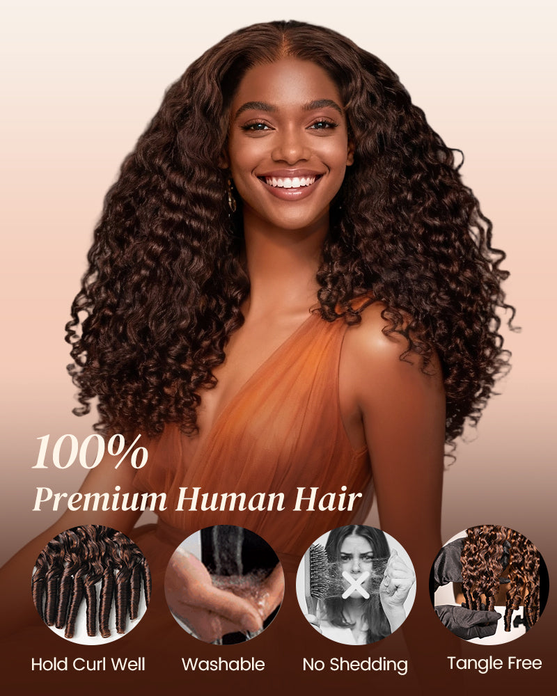 Chocolate Brown Water Wave With Finger Coil Ends Wigs