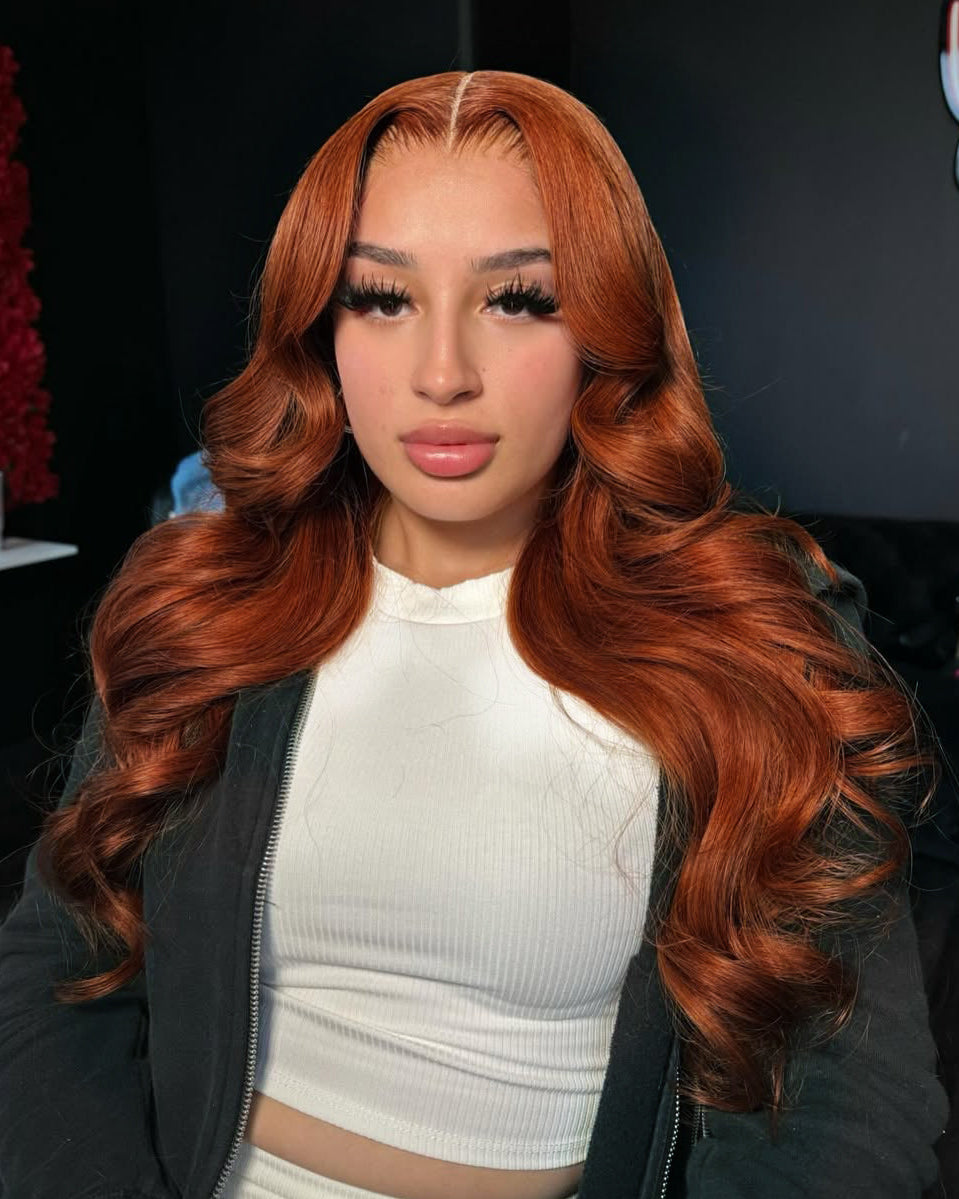 Woman Wearing Dark Copper Ginger Glueless Wig