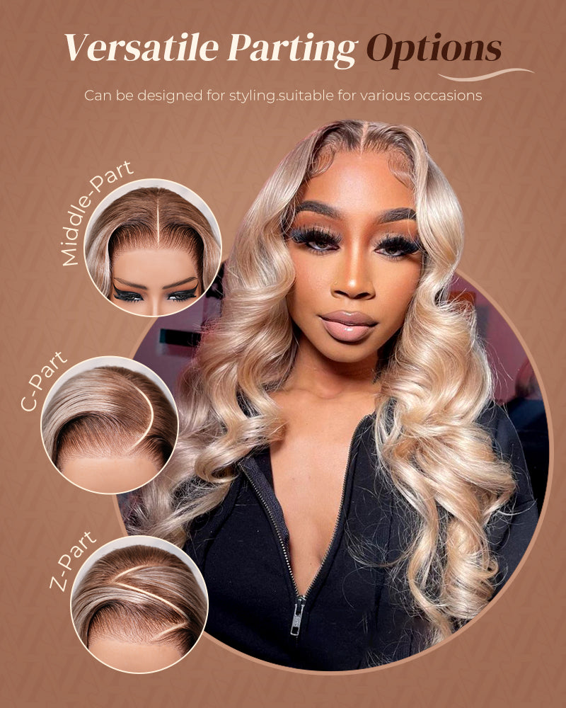 Arabella 13x6 Pre-All Glueless Ash Blonde Ombre Loose Body Wave/Silky Straight Wig Invisible Knots Realistic Hairline