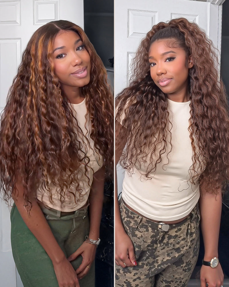 Arabella 13x6 Three-Go™ Glueless Wig Dark Brown With Highlights Water Wave With Drawstring For Beginner