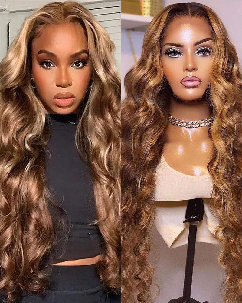 Arabella 6x5 invisible knots Glueless Honey Blonde Highlights On Brown Wig Body Wave Wig Realistic Hairline