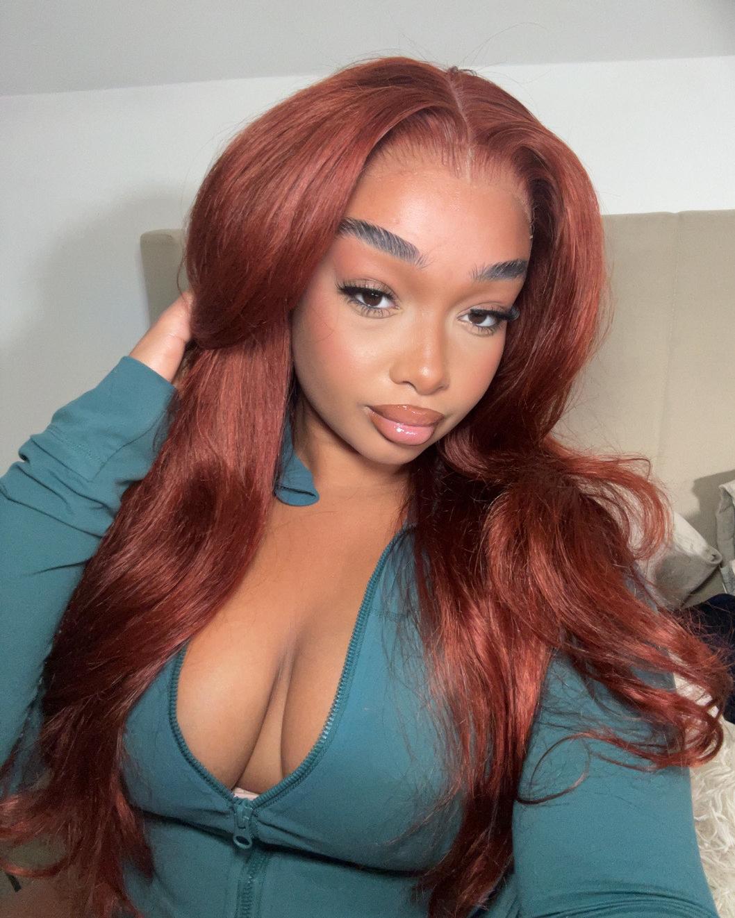 Arabella 13x4/6x5 Lace Glueless Reddish Brown Body Wave Wig Invisible Knots Realistic Hairline