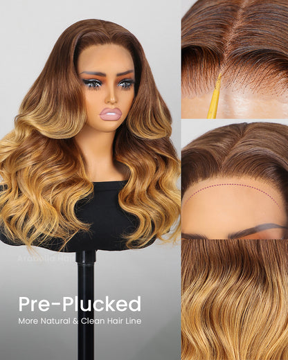 13x4 Lace Frontal Sunrise Color Loose Body Wave Pre-Plucked Amber Blonde Ombre Colored Human Hair Wig