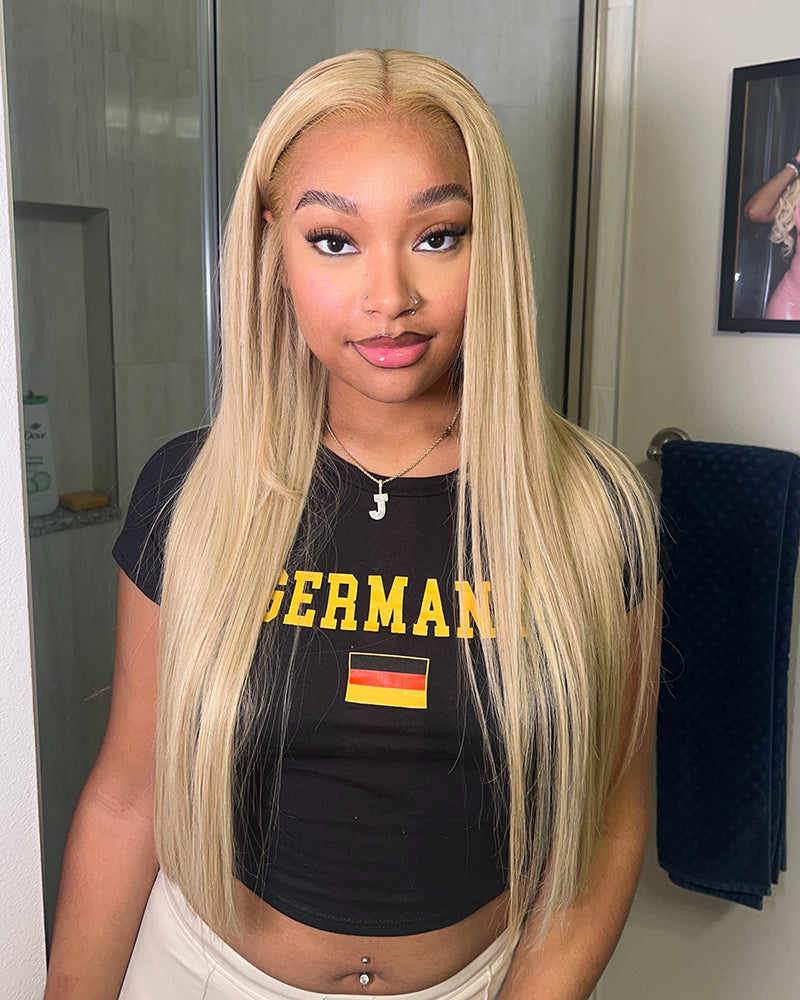 Arabella 6x5 invisible knots &amp; 13x4 Pre-All Glueless Blonde Khaki Highlight Straight Wig Invisible Knots Realistic Hairline