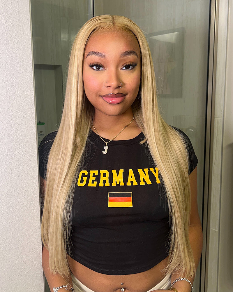 Arabella 6x5 invisible knots &amp; 13x4 Pre-All Glueless Blonde Khaki Highlight Straight Wig Invisible Knots Realistic Hairline
