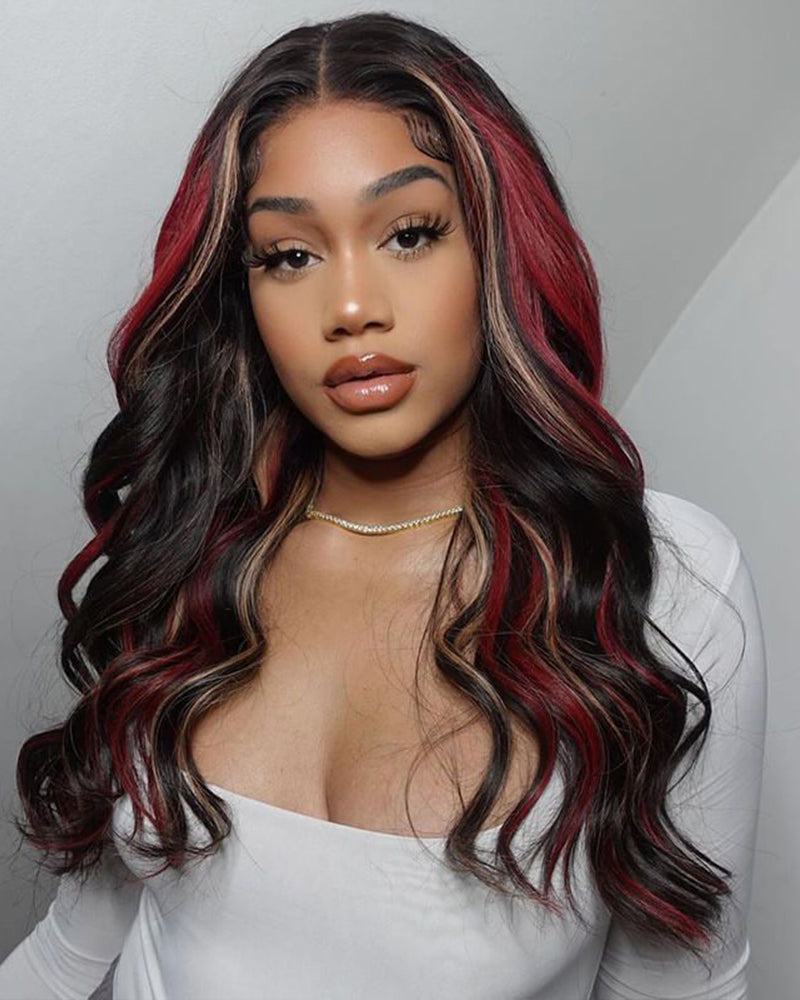 13x4 Lace Burgundy Ombre Red Skunk Stripe Body Wave Mix Highlight Colored Human Hair Wig