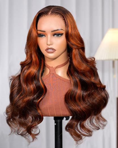Arabella 13x6 Three-Go™ Auburn Highlights Brown Hair Glueless Wig Loose Body Wave With Drawstring