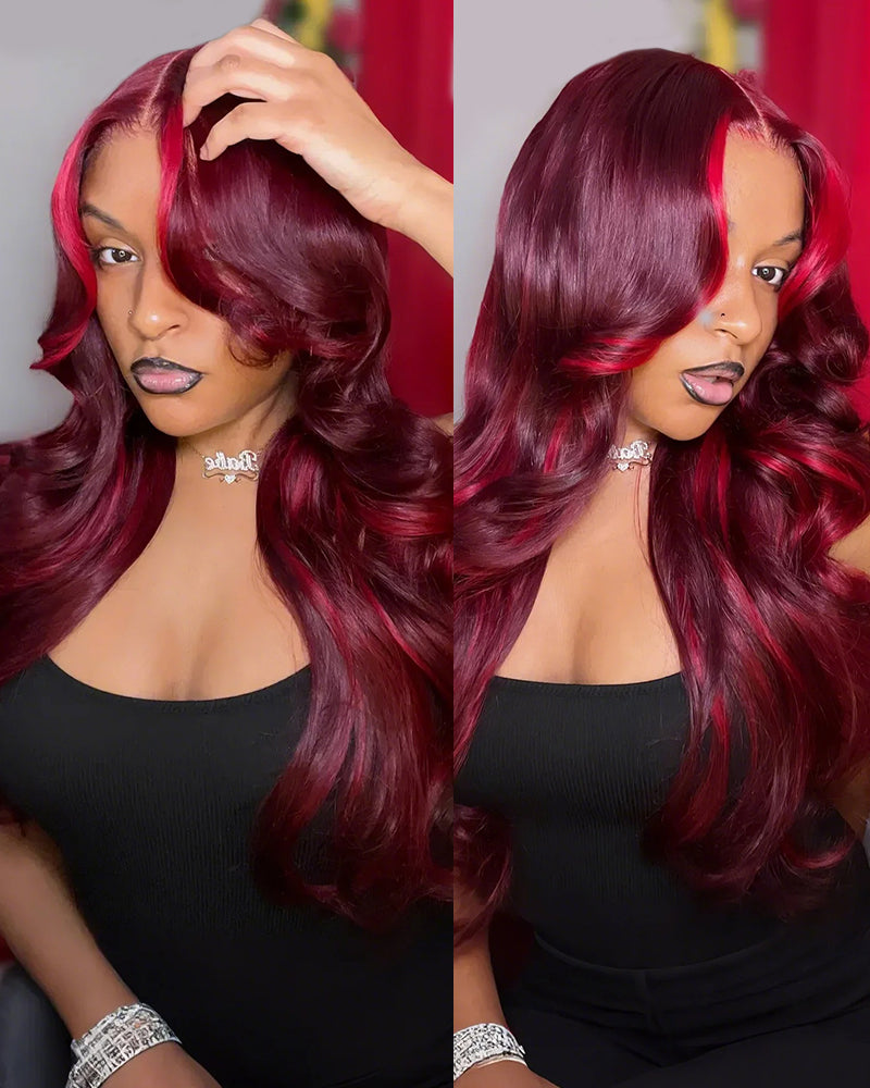 Red Velvet Balayage Wine Glueless 6x5 Pre-Cut Lace Loose Body Wave Multi Highlight Color Human Hair Wig