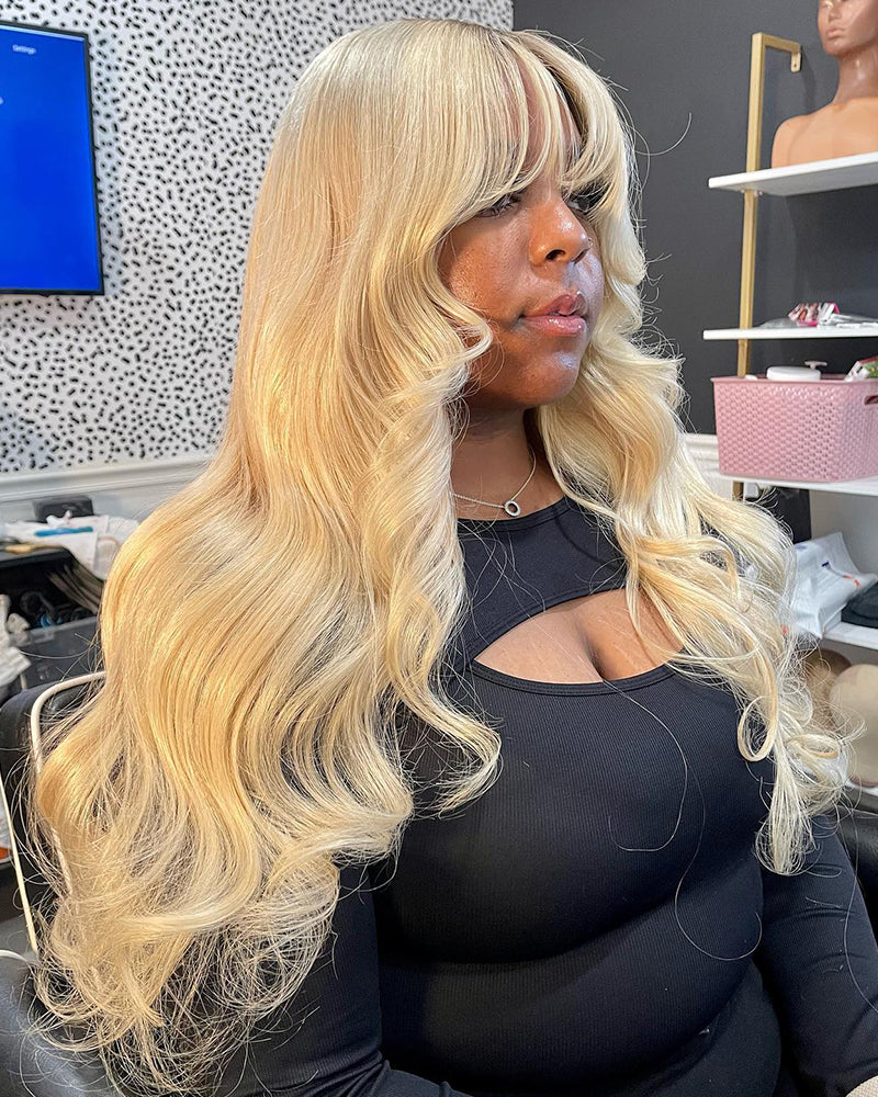 613 Blonde Glueless 3x2 Lace Wig Body Wave Color Wigs With Bangs High Quality 100% Human Remy Hair