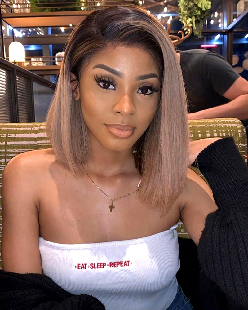 Arabella 6x5 invisible knots Glueless Ash Blonde Ombre Straight Bob Wig Pre-cut Lace Beginner Friendly