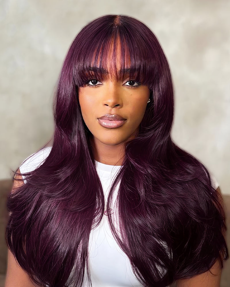 【Super Sale】Dark Plum Colored Pre-Cut Glueless 6-inch Deep Lace Layer Cut Straight With Bangs Easy-Wear Human Hair Wigs