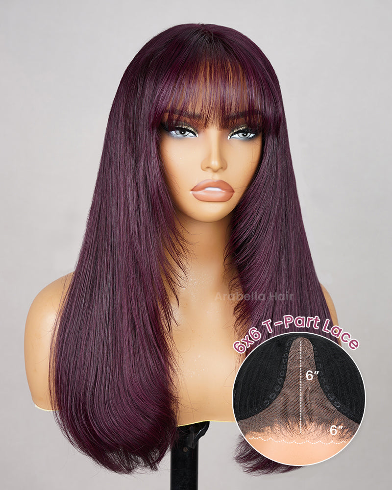 【Super Sale】Dark Plum Colored Pre-Cut Glueless 6-inch Deep Lace Layer Cut Straight With Bangs Easy-Wear Human Hair Wigs